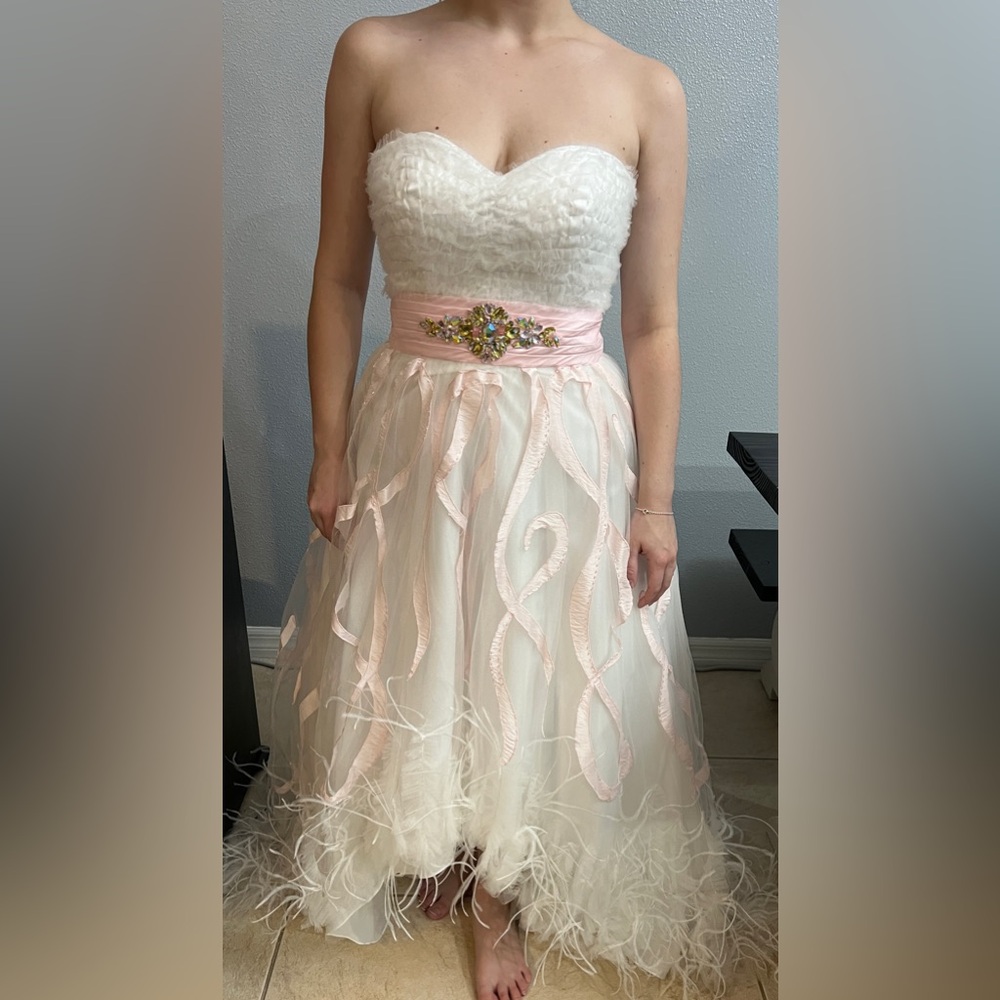 White and Pink HI-LOW feather dress.